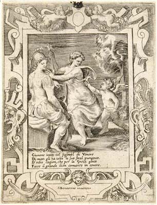 Giulio Bonasone - Atena seduta vicino a Giunone che ruba le frecce a Cupido